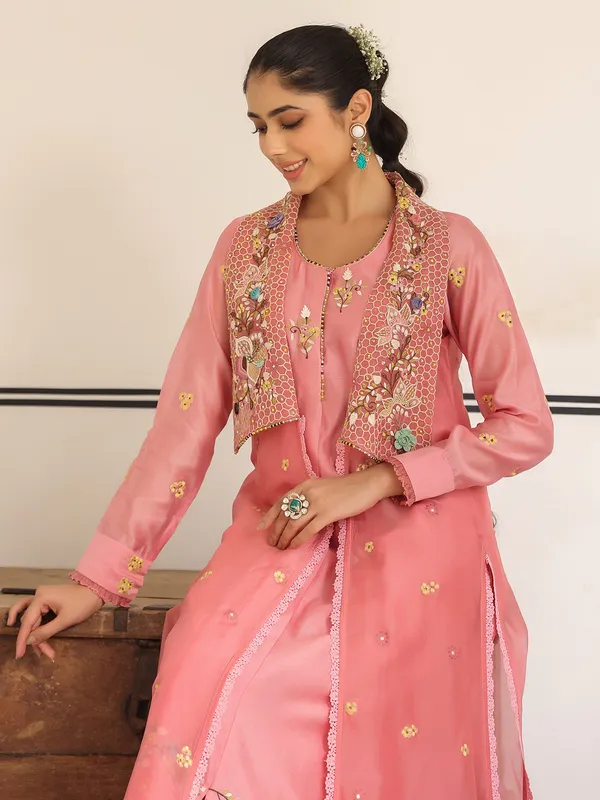 Pink chanderi silk jacket style kurti set