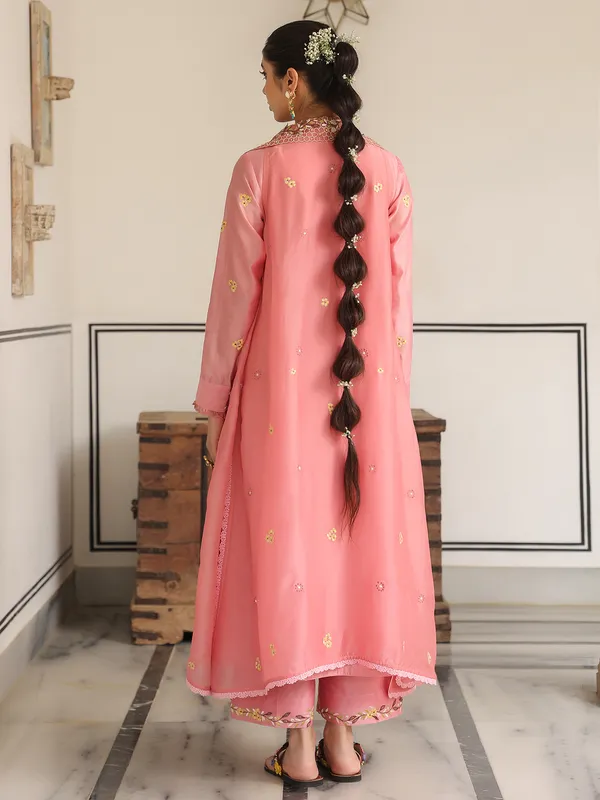 Pink chanderi silk jacket style kurti set