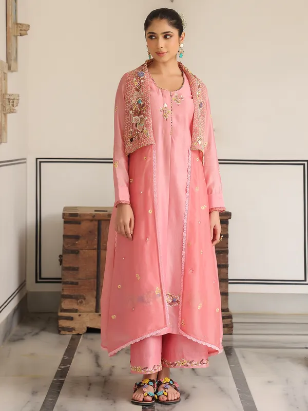 Pink chanderi silk jacket style kurti set