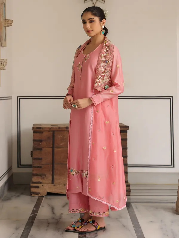 Pink chanderi silk jacket style kurti set