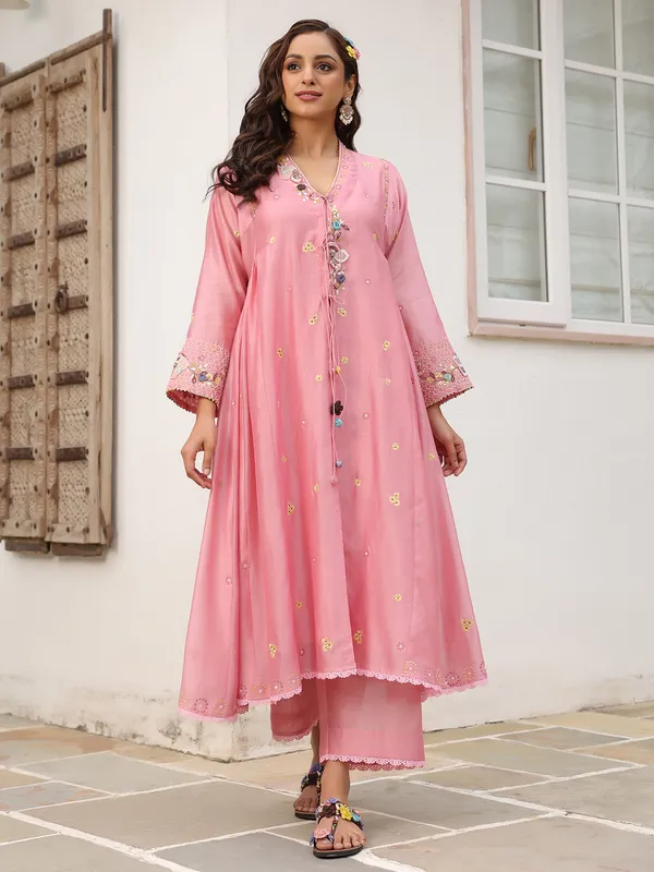 Pink chanderi silk kurti set with for festive