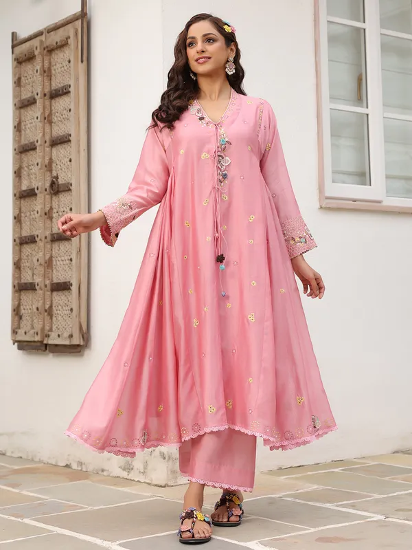 Pink chanderi silk kurti set with for festive