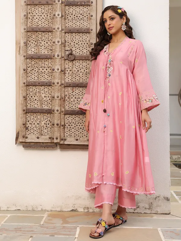 Pink chanderi silk kurti set with for festive