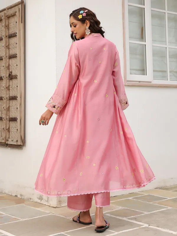 Pink chanderi silk kurti set with for festive