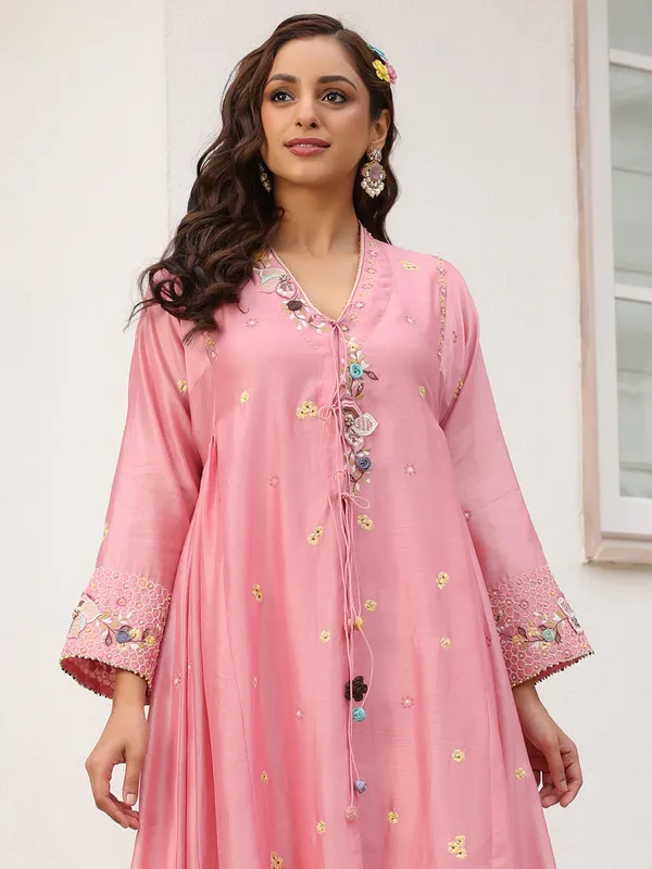 Pink chanderi silk kurti set with for festive