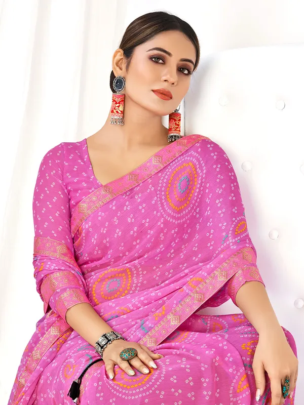 Pink chiffon bandhani printed saree