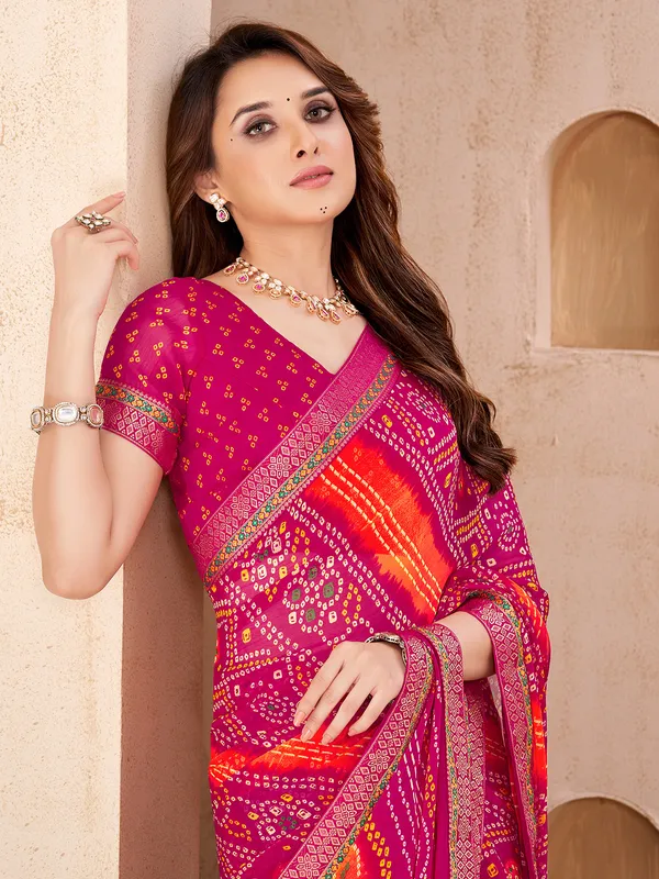Pink chiffon festive wear saree with print