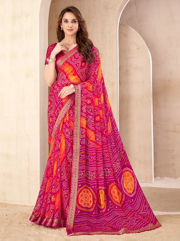 Pink chiffon festive wear saree with print