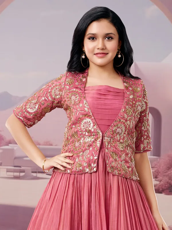 Pink chiffon jacket style gown for girls