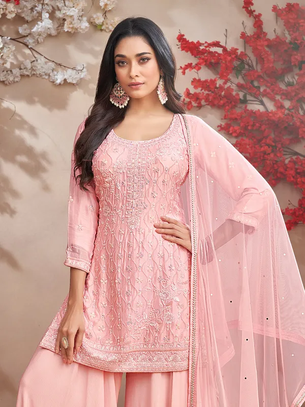 Pink chiffon palazzo suit with embroidery work