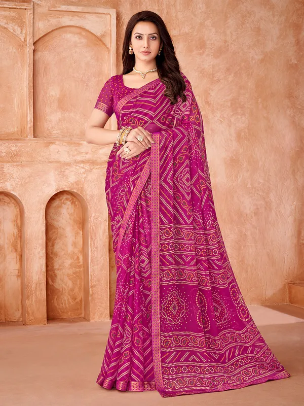 Pink chiffon printed saree for festivals