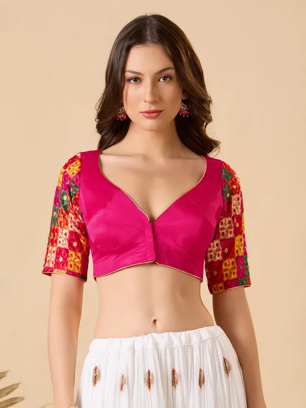 Pink chinon ready made blouse with embroidery