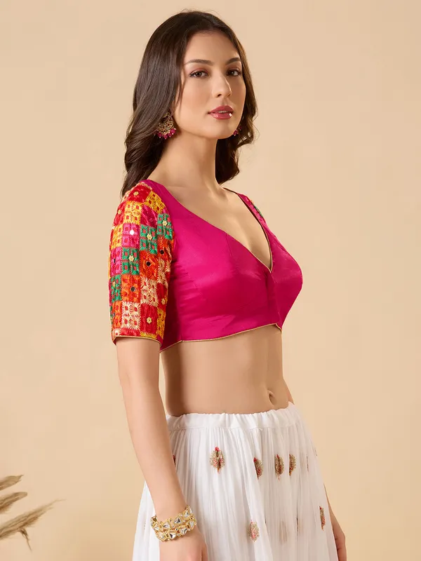 Pink chinon ready made blouse with embroidery
