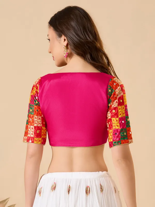 Pink chinon ready made blouse with embroidery