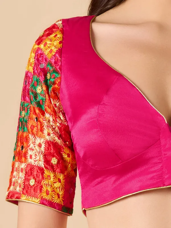 Pink chinon ready made blouse with embroidery