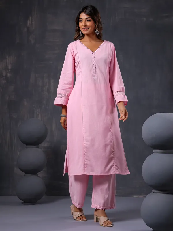 Pink cotton casual kurti set