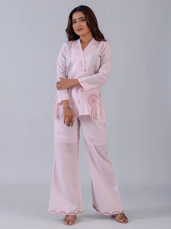 Pink cotton co ord set with embroidery