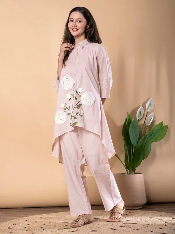Pink cotton embroidered co ord set