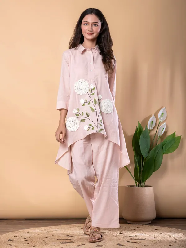 Pink cotton embroidered co ord set