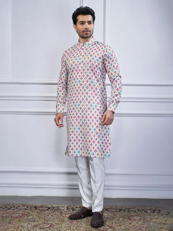 Pink cotton festival wear printed kurta suit
