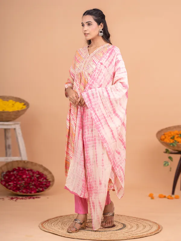 Pink cotton leheriya kurti set with dupatta
