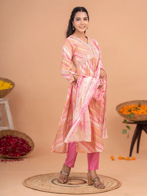 Pink cotton leheriya kurti set with dupatta