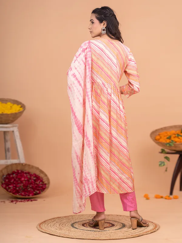 Pink cotton leheriya kurti set with dupatta