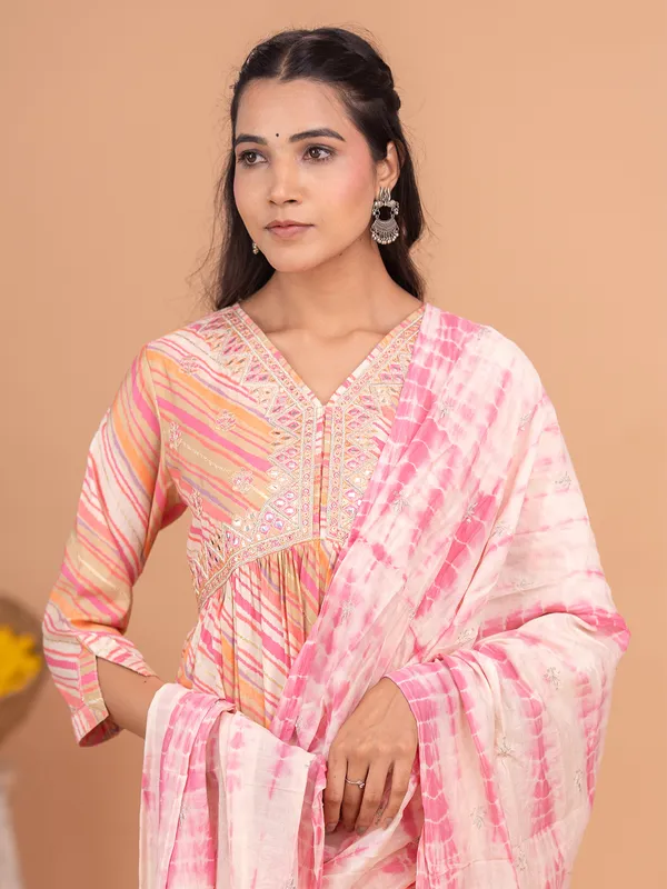 Pink cotton leheriya kurti set with dupatta