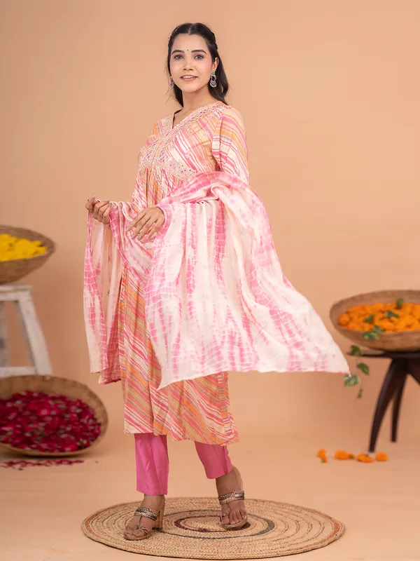 Pink cotton leheriya kurti set with dupatta