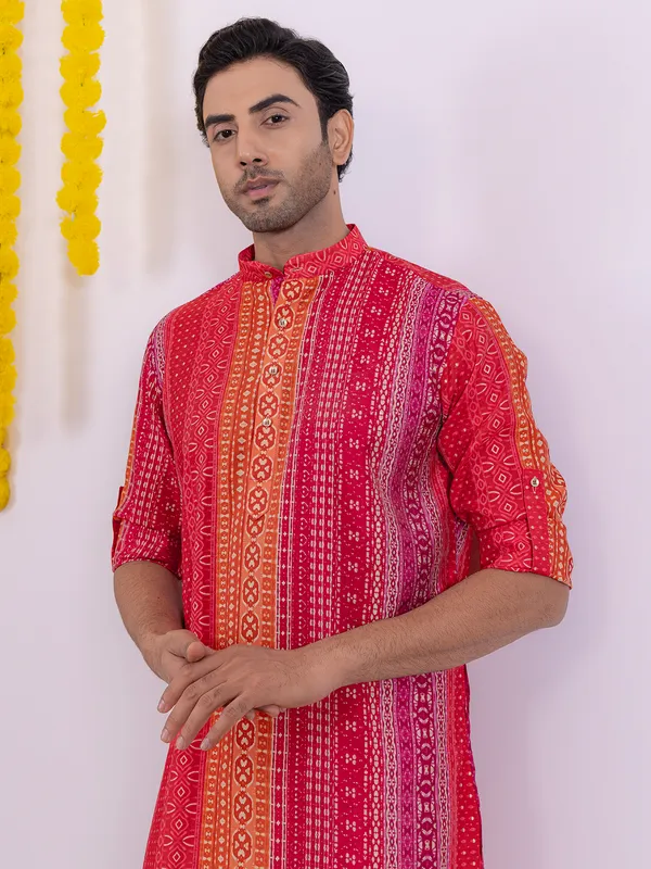 Pink cotton men kurta with print
