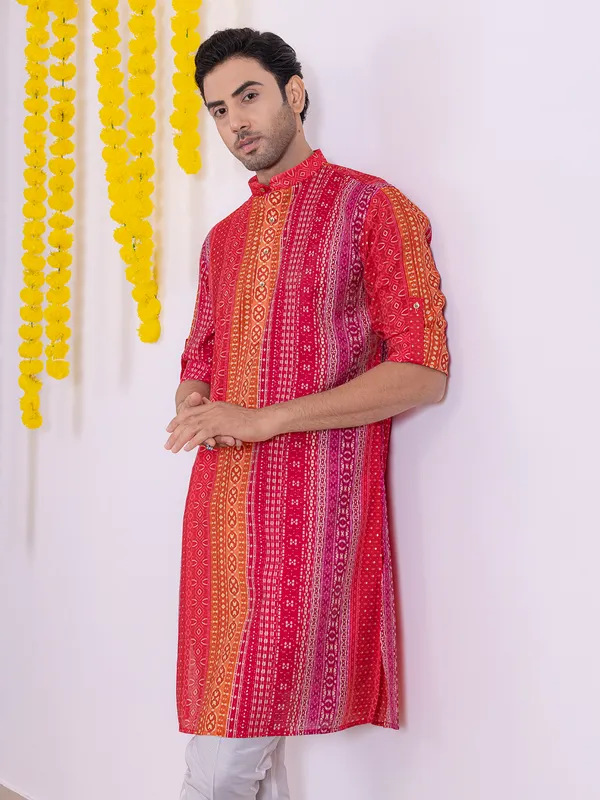 Pink cotton men kurta with print