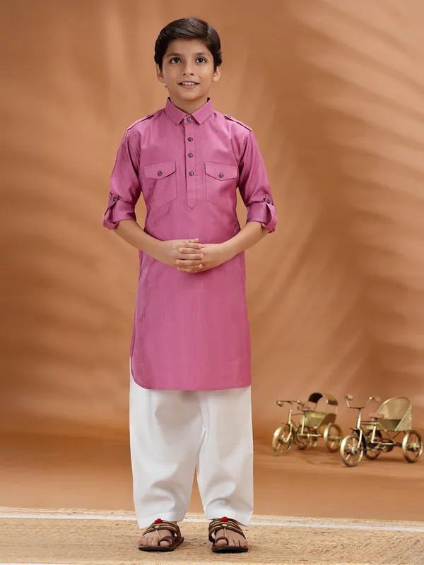 Pink cotton pathani boys kurta pant set