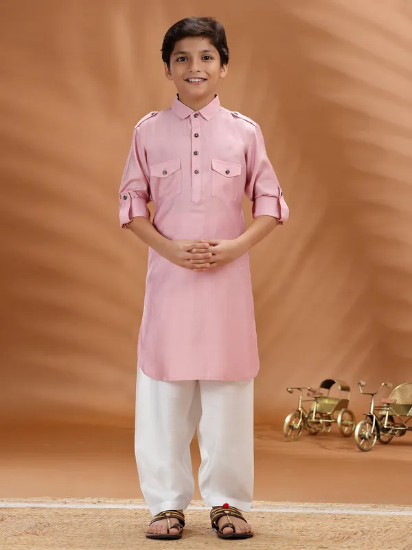 Pink cotton pathani kurta pant set