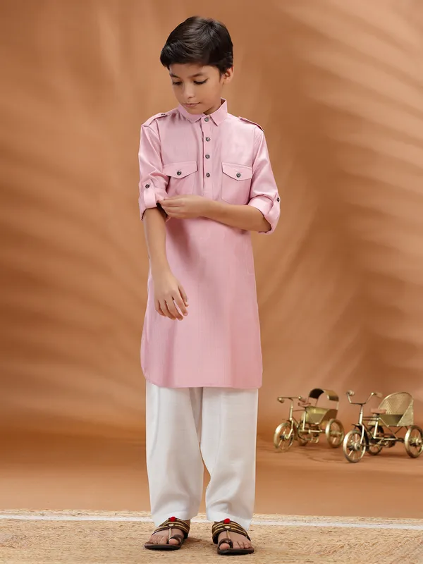 Pink cotton pathani kurta pant set