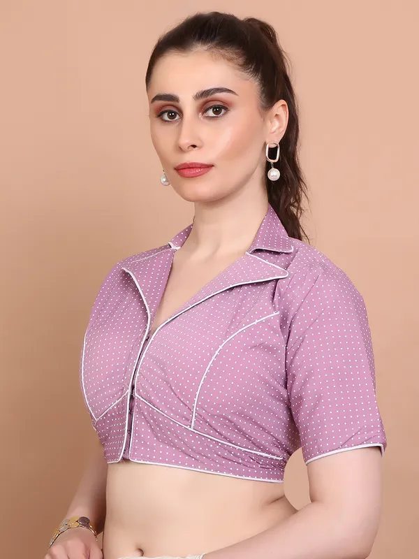 Pink cotton printed collar neck ready mad blouse