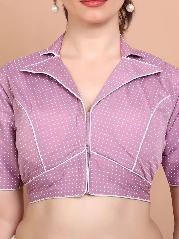 Pink cotton printed collar neck ready mad blouse