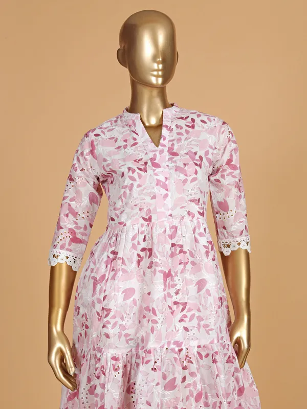 Pink cotton printed dress for women