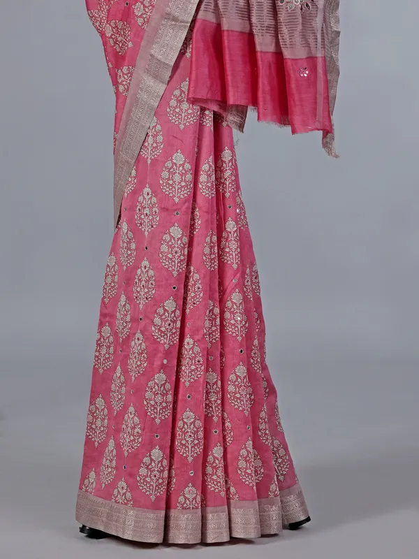 Pink cotton saree with zari weaving