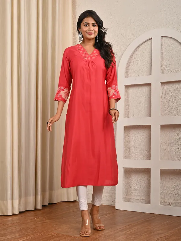 Pink cotton silk casual V neck elegant kurti