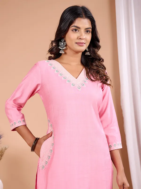 Pink cotton silk embroidery kurti for women