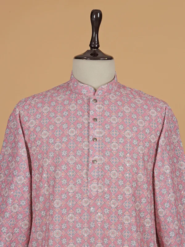 Pink cotton silk kurta suit with thread work