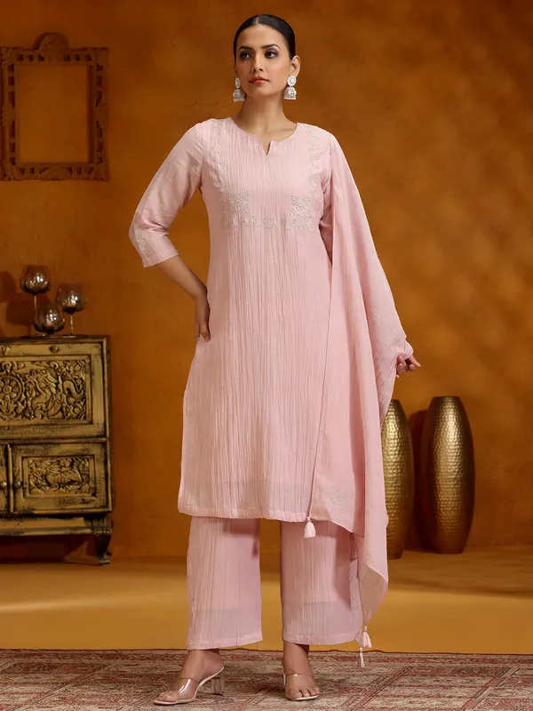 Pink cotton silk kurti set for women with dupatta