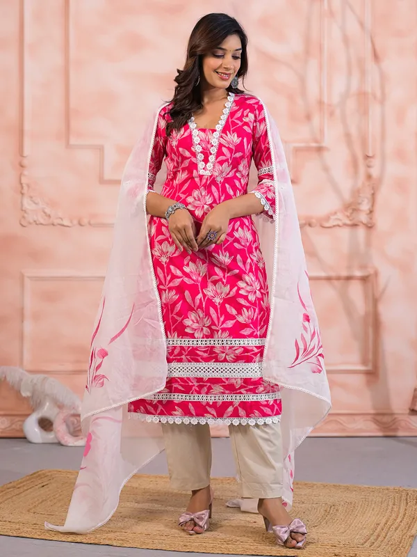 Pink cotton silk kurti set with cutwork