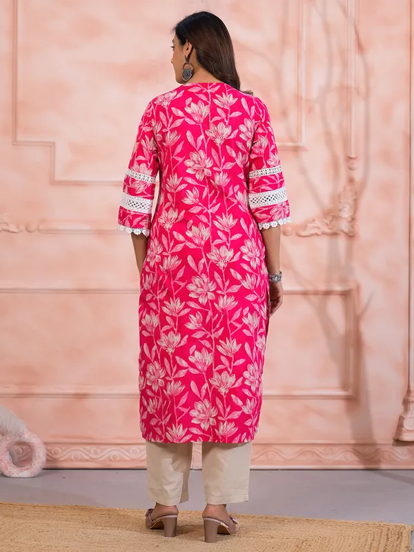 Pink cotton silk kurti set with cutwork