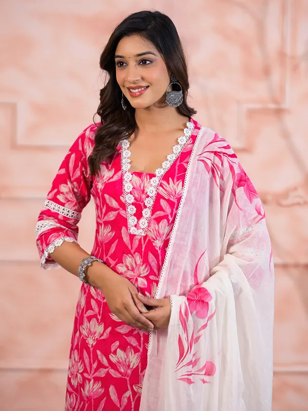 Pink cotton silk kurti set with cutwork