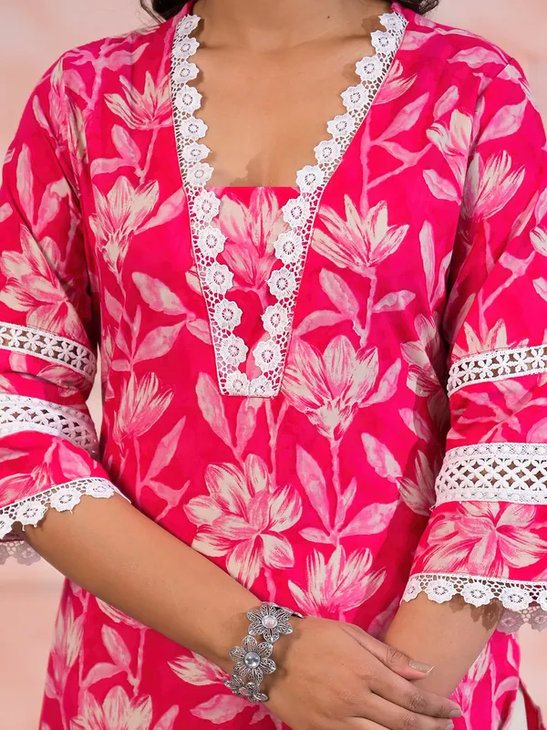 Pink cotton silk kurti set with cutwork
