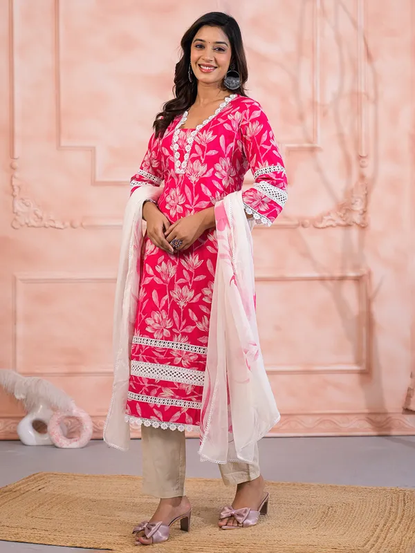 Pink cotton silk kurti set with cutwork