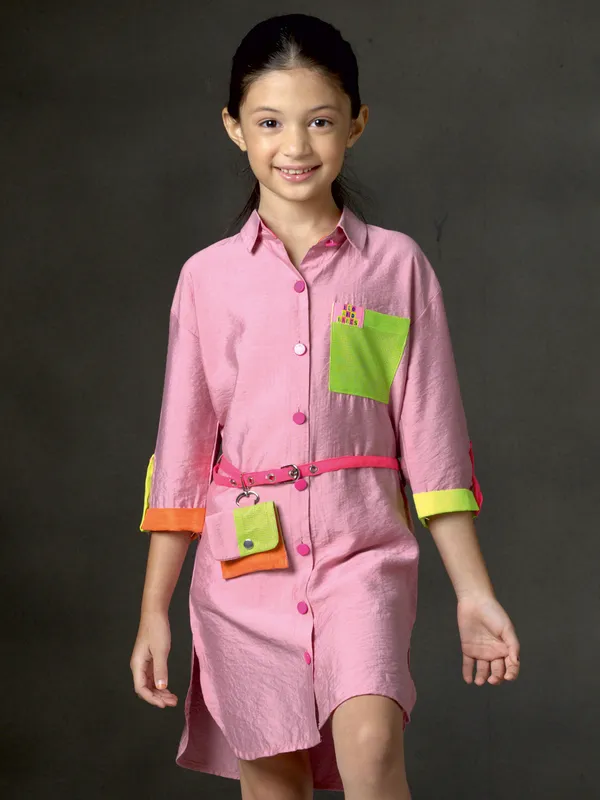 Pink cotton silk mini dress with belted grace