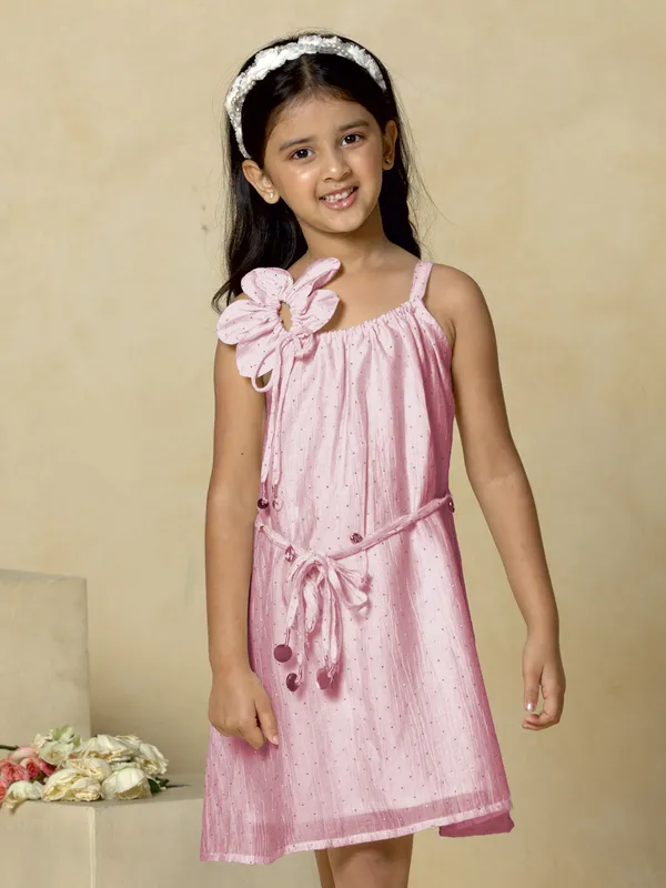 Pink cotton silk mini dress with sequins sparkle
