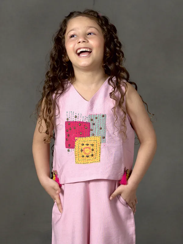 Pink cotton silk patch work palazzo set